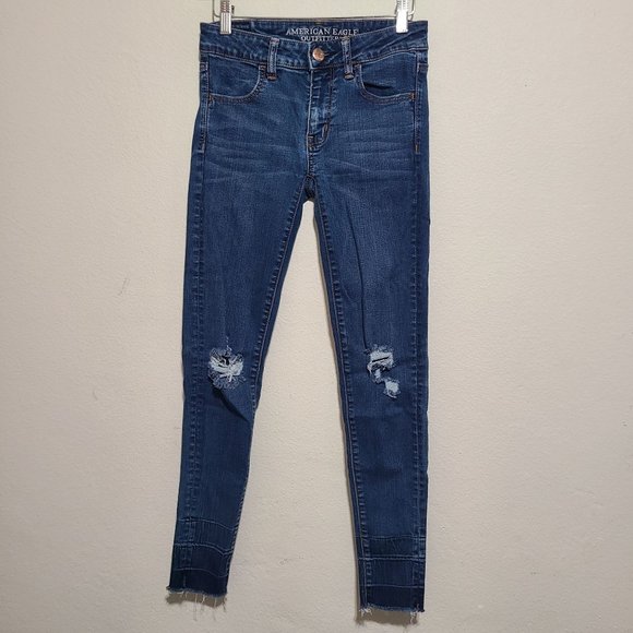 American Eagle Distressed Super Stretch Skinny Jeggings Size 2 Dark Wash - Picture 1 of 6
